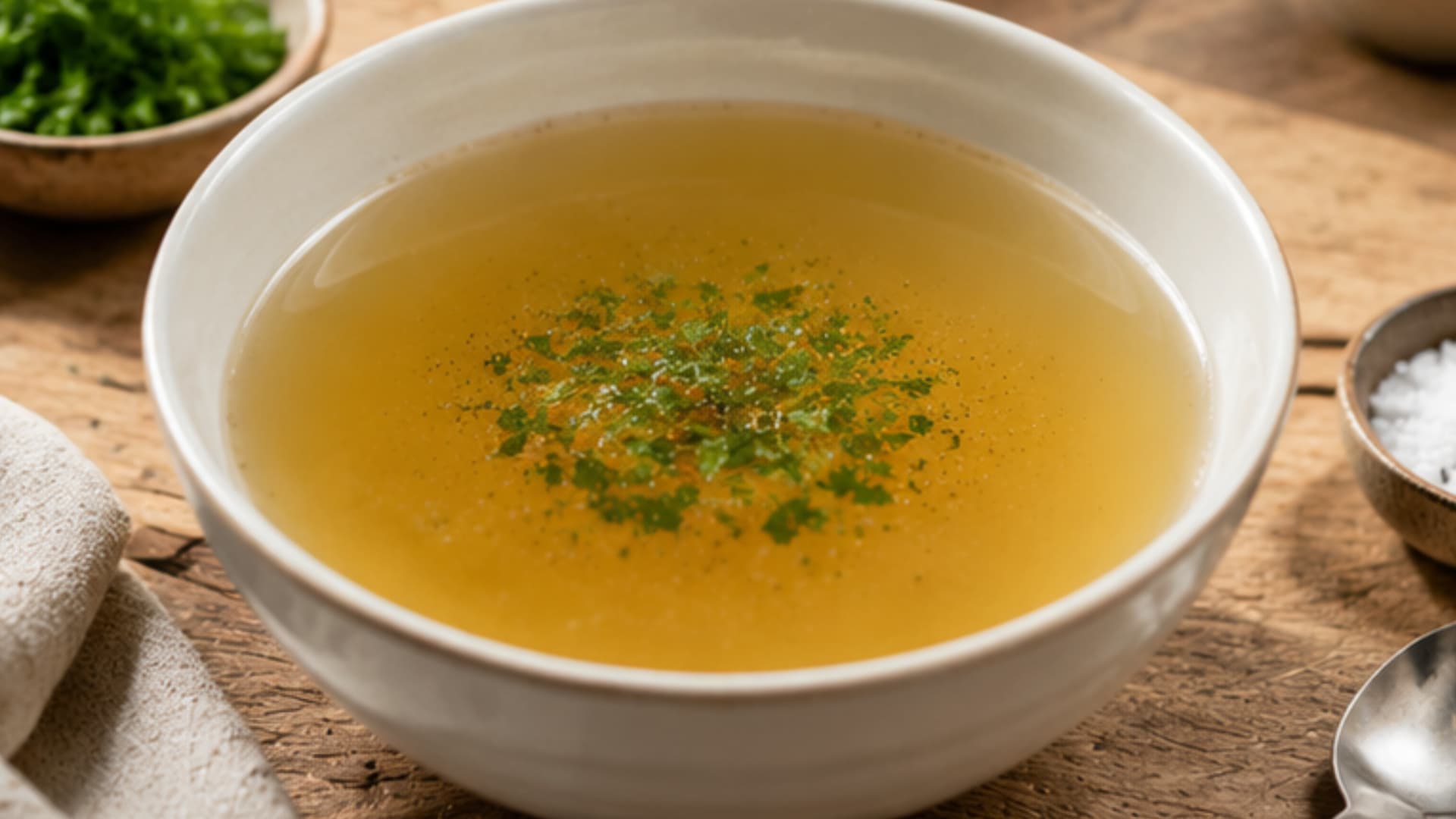 lightly season clear broth with salt pepper and herbs like parsley or coriander gently