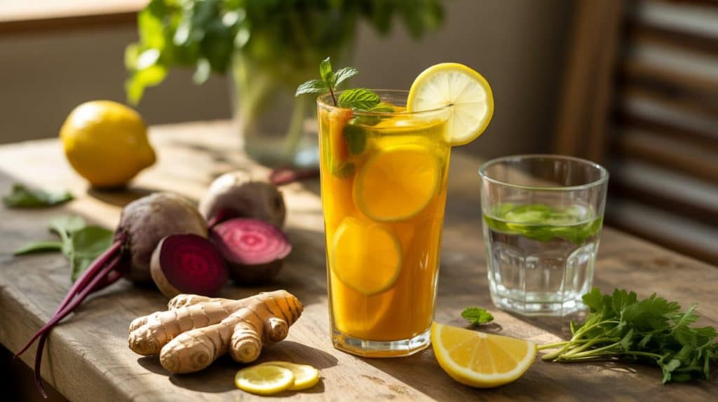 Liver detox drink made with lemon, turmeric, ginger, and beetroot, placed on a wooden table with fresh herbs and a glass of water