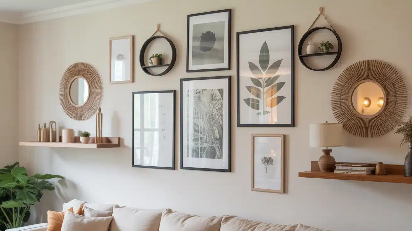 living room showcasing thoughtfully decorated walls with a balanced mix of framed artwork, circular mirrors, and floating wooden shelves