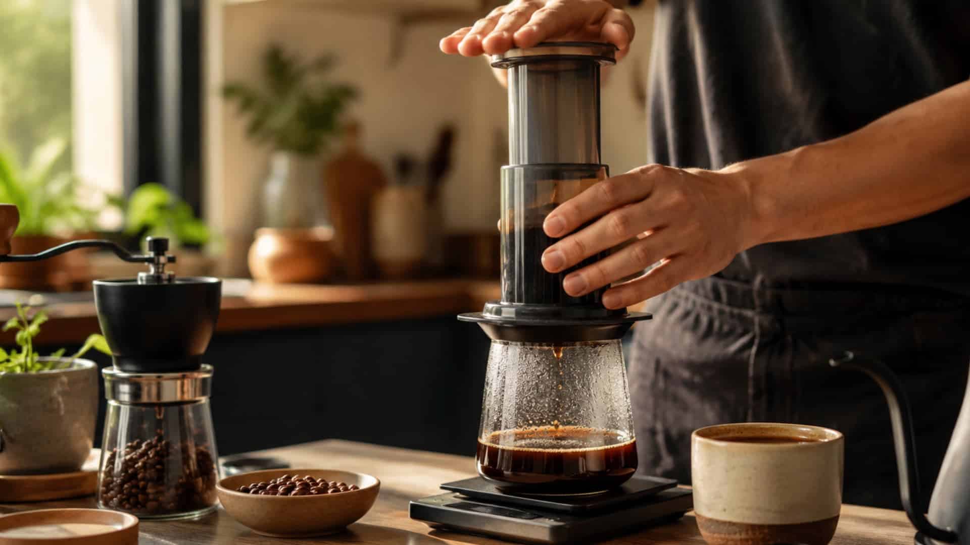 lose up of hands pressing an aeropress coffee maker on a glass carafe, fresh brewed coffee dripping, scattered coffee beans on wooden counter