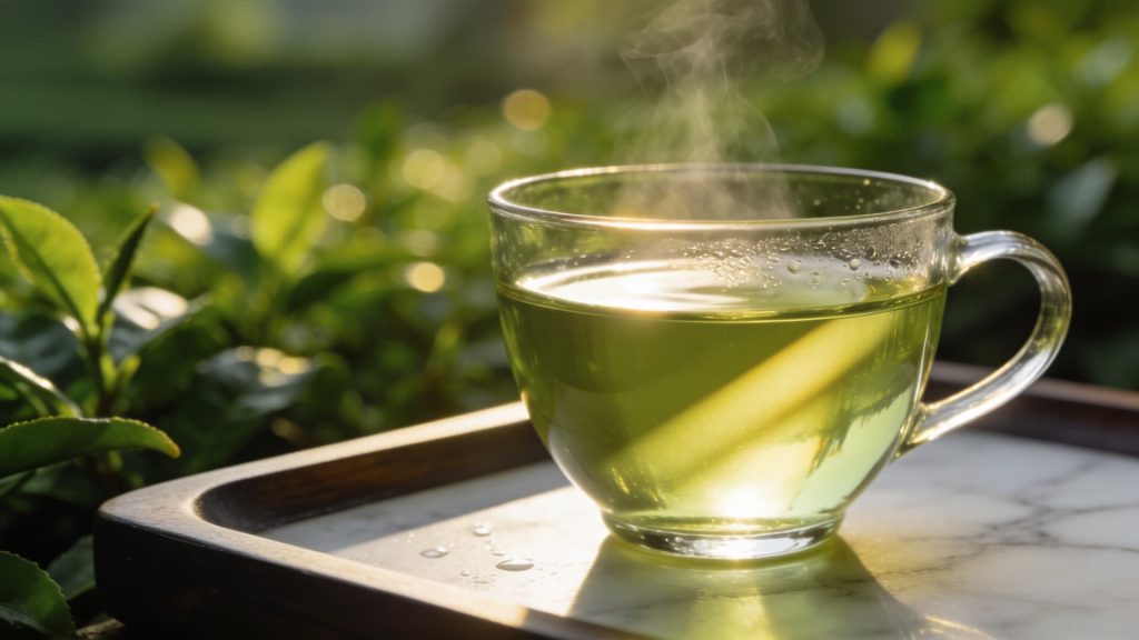 luxurious served green tea in a calm serene setting with soft light and blurred green background