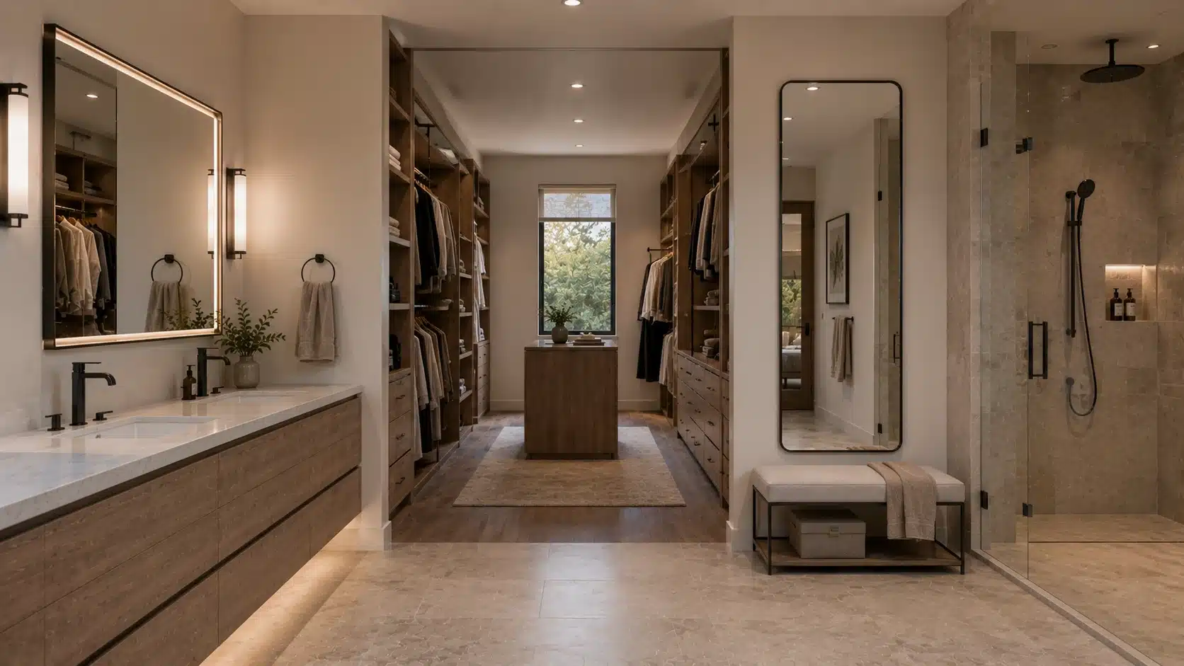 luxury bathroom and walk-in closet featuring wooden cabinetry, glass shower, illuminated mirrors, and neutral finishes