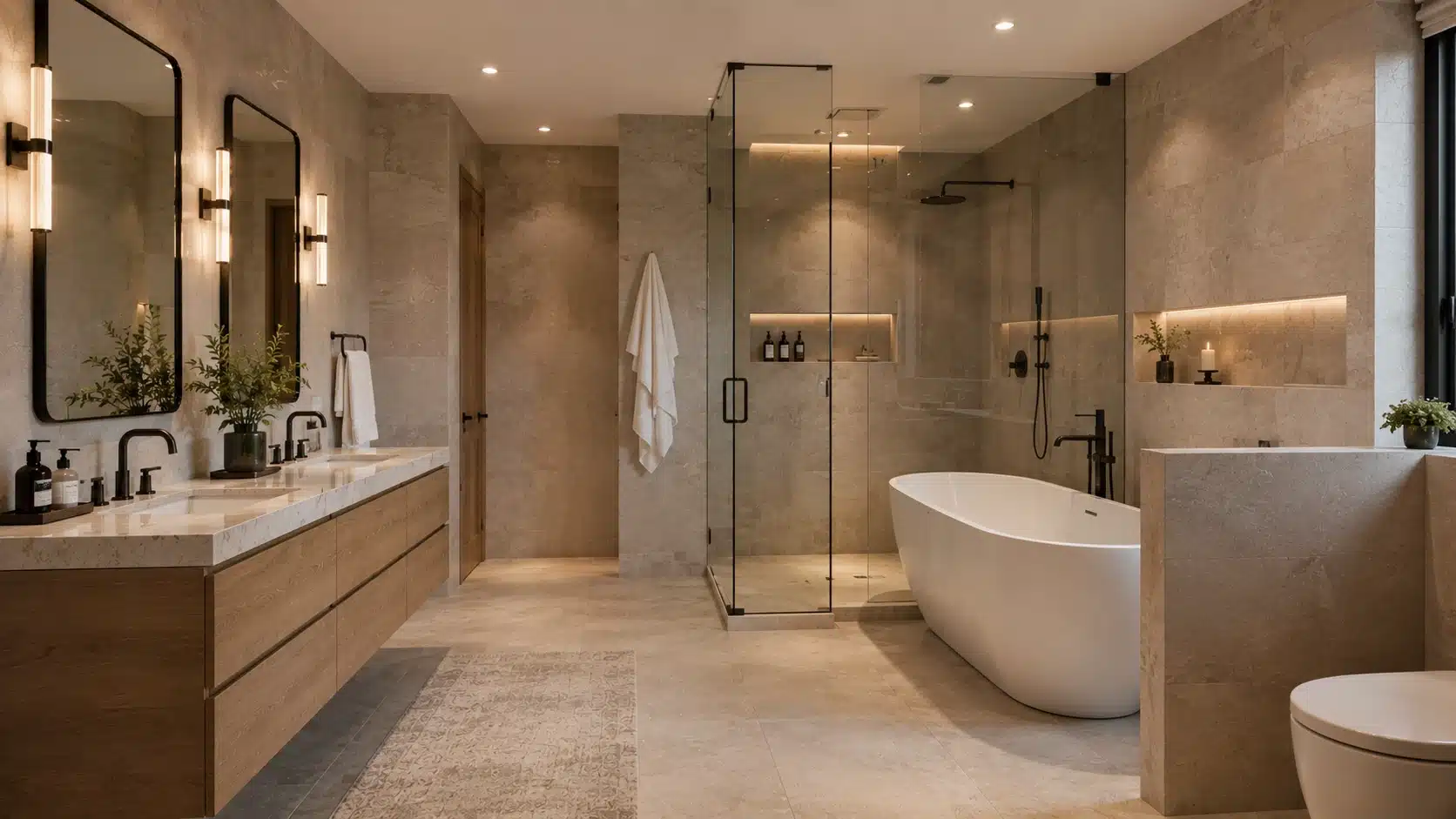 luxury bathroom featuring freestanding bathtub, glass shower, floating wooden vanity, marble walls, and warm lighting