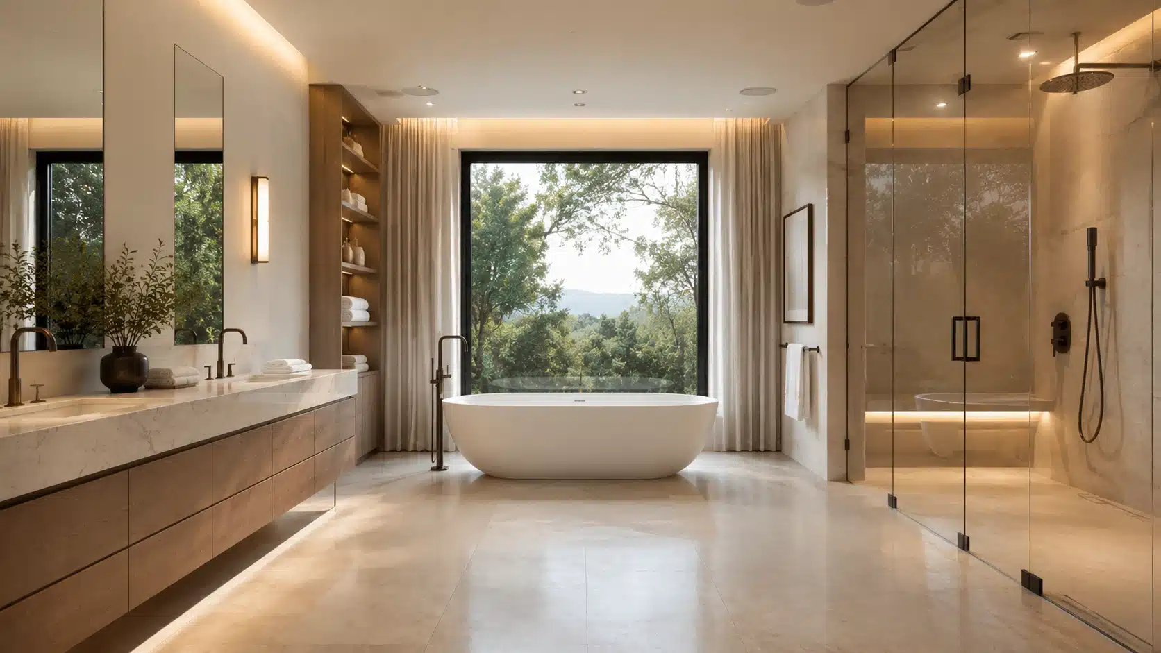 luxury bathroom featuring freestanding bathtub, glass shower, wooden vanity, marble surfaces, and warm lighting