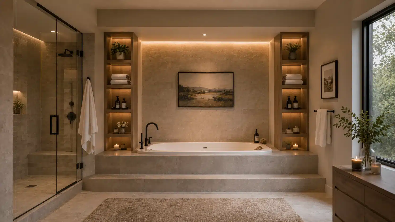 Luxury bathroom featuring soaking bathtub, walk-in glass shower, built-in shelving, warm ambient lighting, and elegant neutral stone finishes