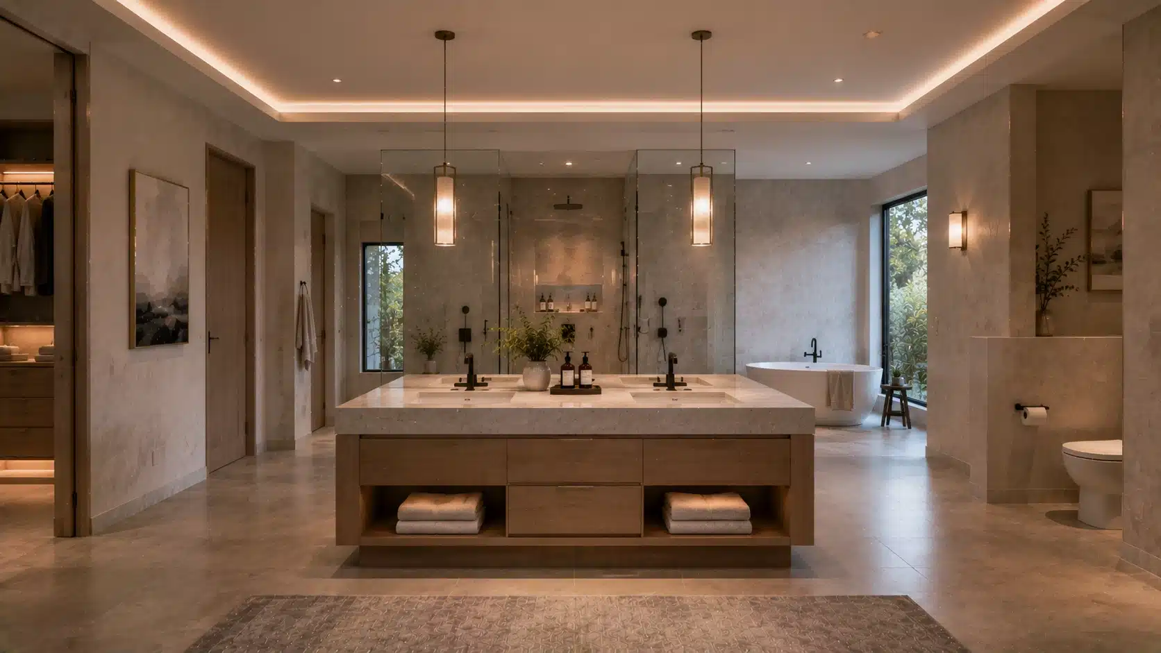 luxury bathroom with central double vanity, freestanding bathtub, glass shower, warm lighting, and wood cabinets