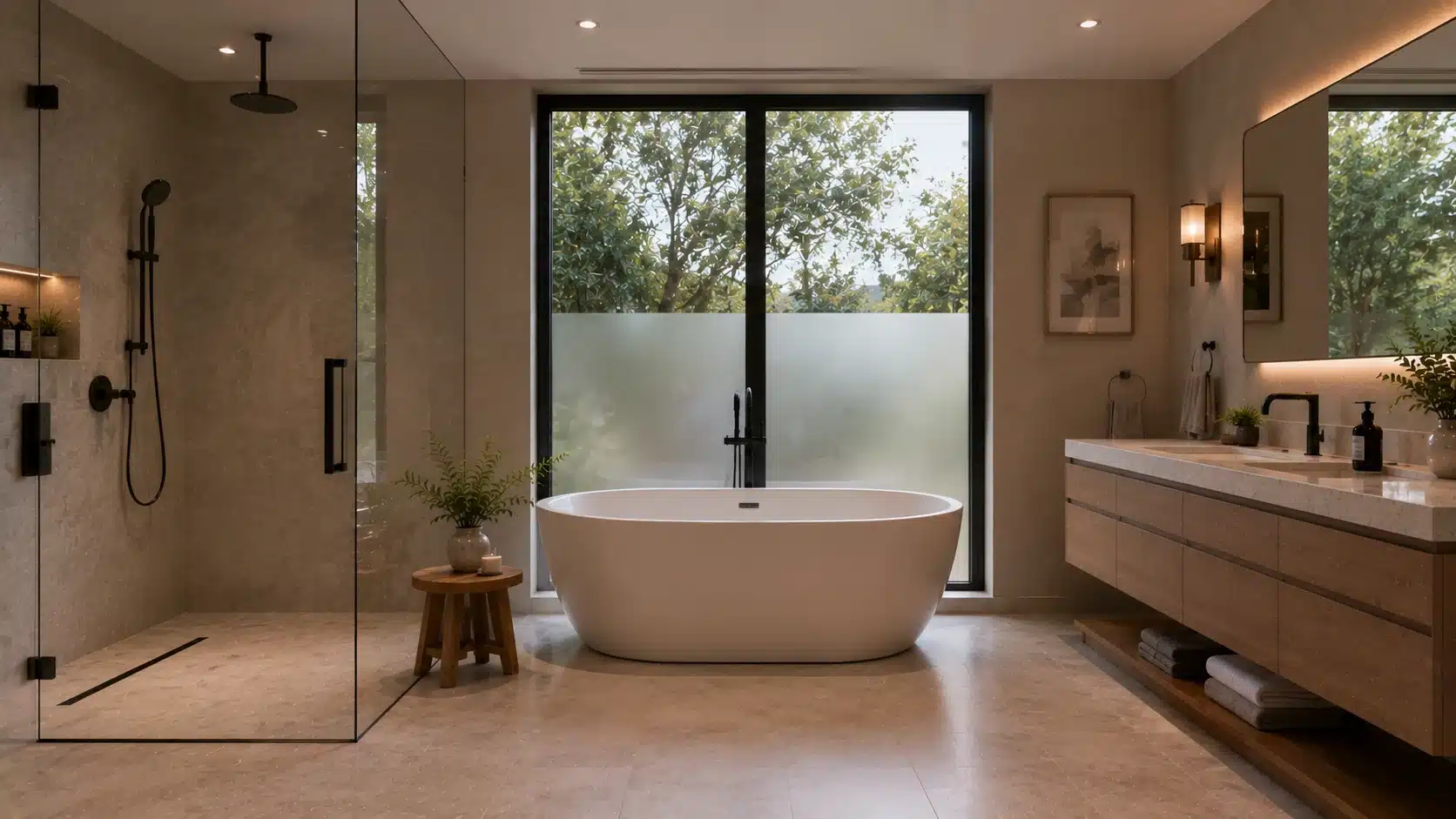 luxury bathroom with freestanding soaking tub, glass shower enclosure, floating wooden vanity, and large frosted window