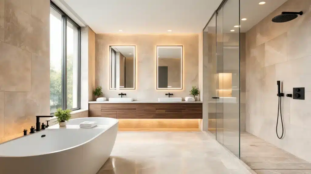 luxury bathroom with freestanding tub, floating wood vanity, illuminated mirrors, glass walk-in shower, and daylight