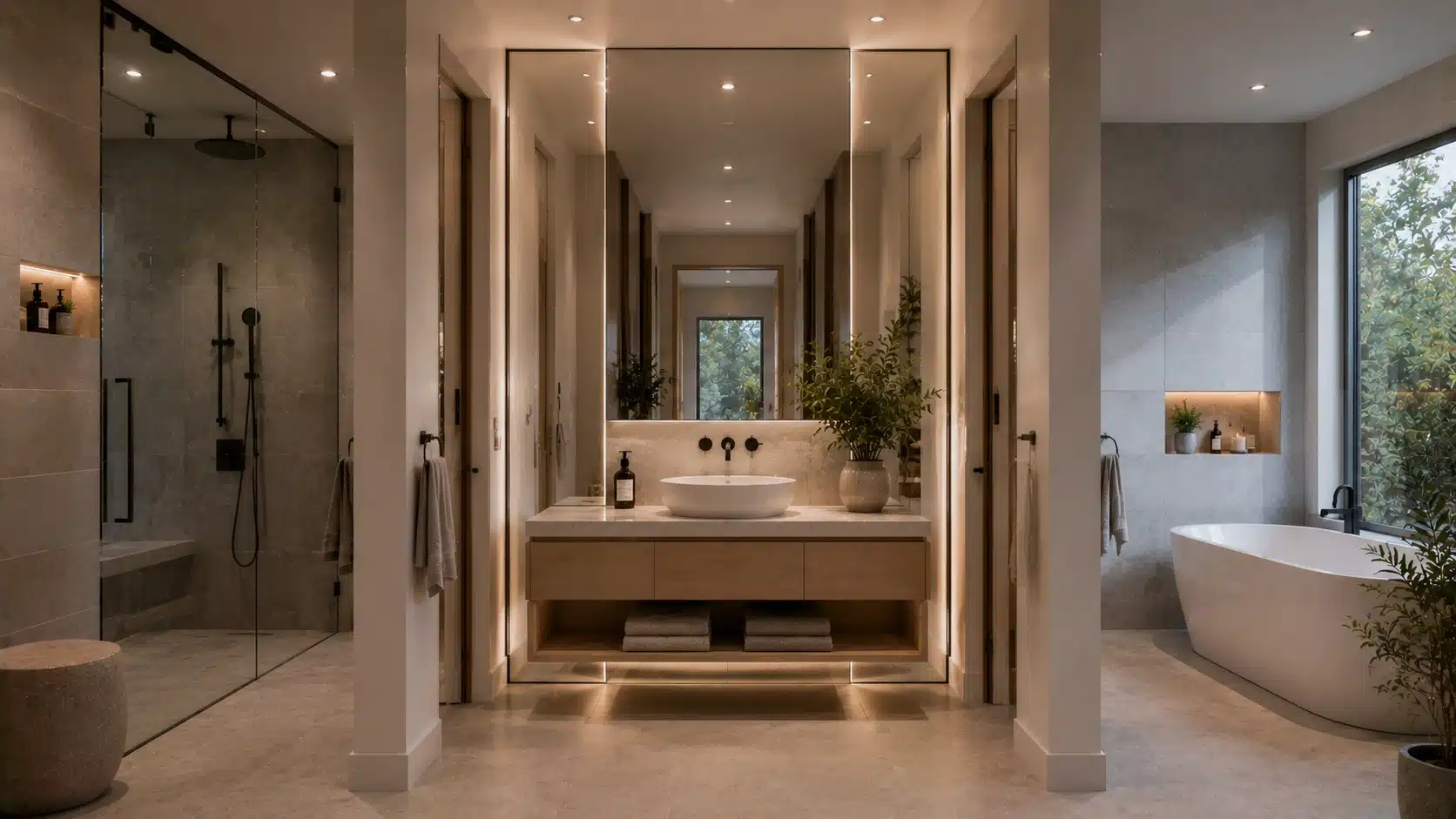 luxury bathroom with vanity, glass walk-in shower, freestanding soaking tub, natural greenery, and warm modern lighting