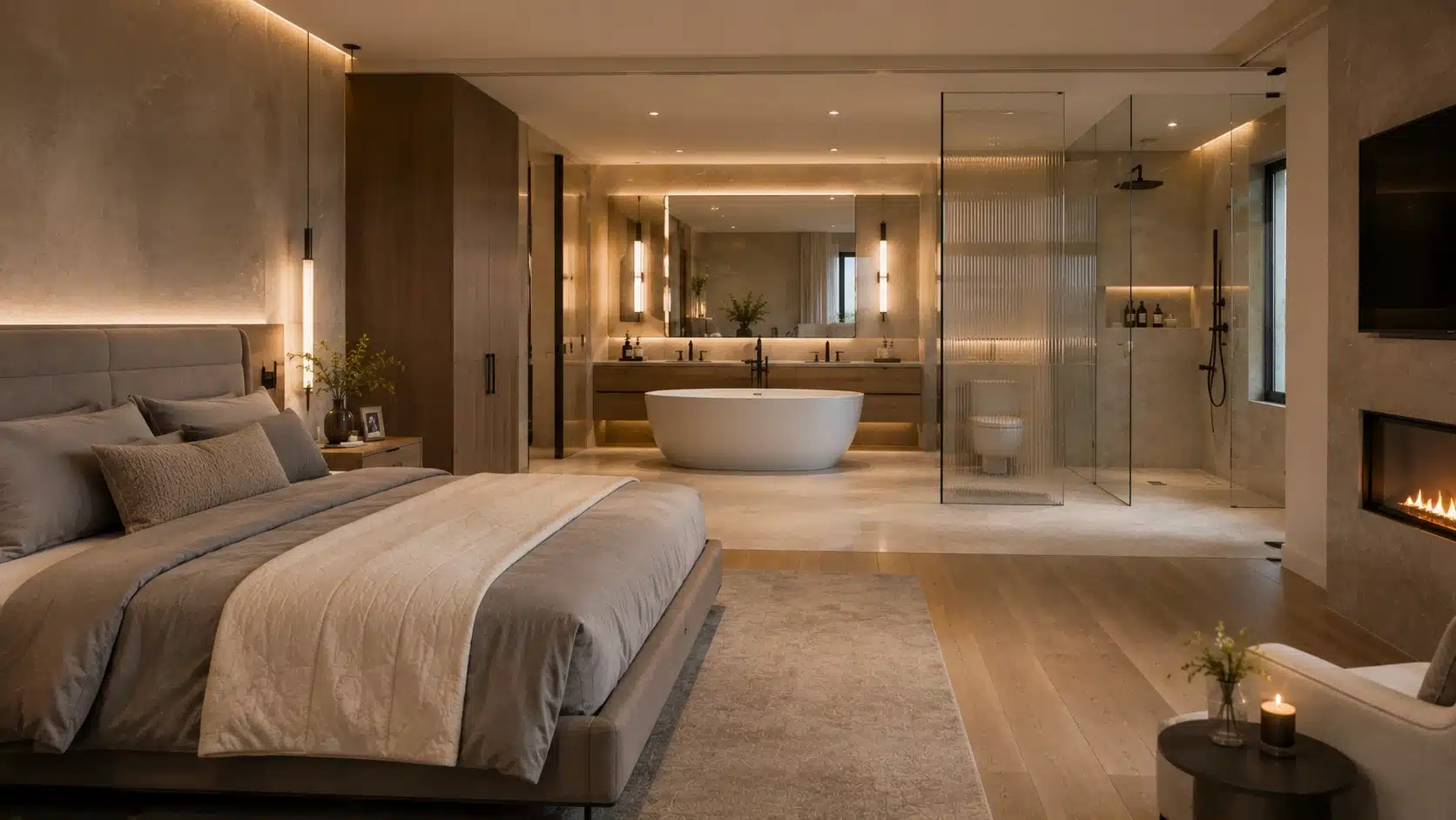 luxury bedroom with open spa-style bathroom, freestanding bathtub, glass shower, fireplace, and warm lighting