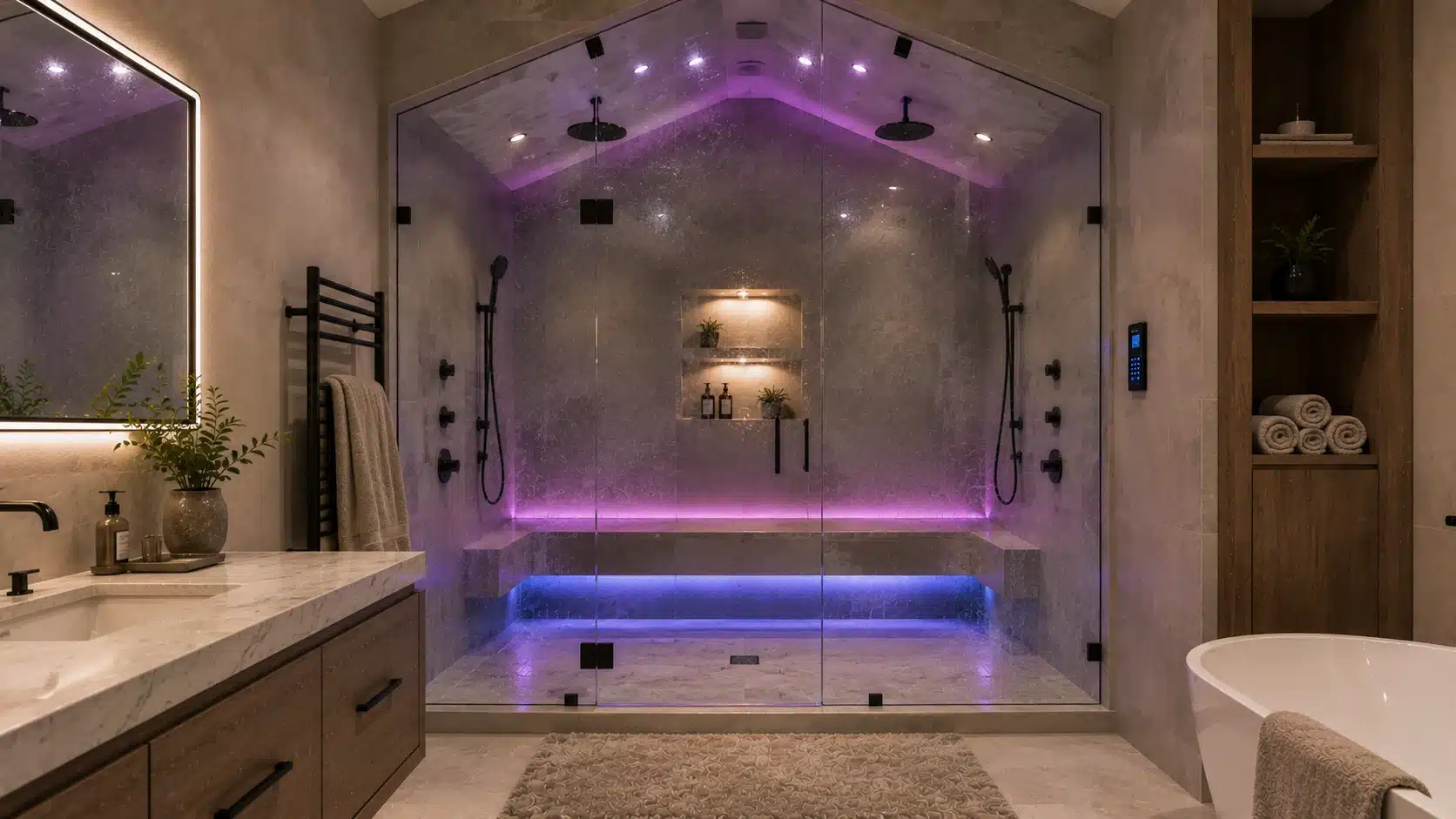luxury spa-style bathroom featuring illuminated steam shower, colorful lighting, freestanding bathtub, and wooden vanity