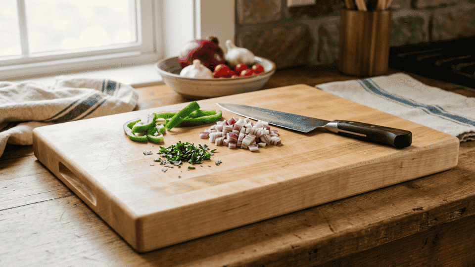 Maple cutting board, known for its durable and hygienic closed-grain surface that stands up to daily chopping