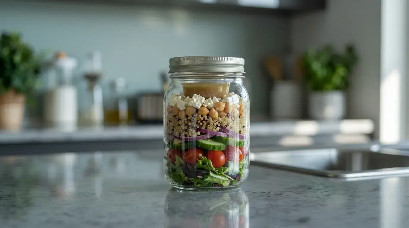mason jar salad centered on counter in natural light showing fresh layered lunch (1)