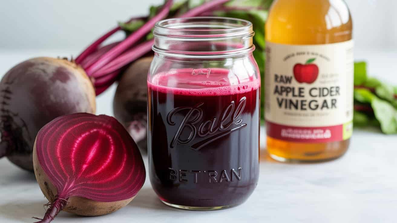 mason jar with beetroot and apple cider vinegar liver cleanse on kitchen counter with fresh beetroot
