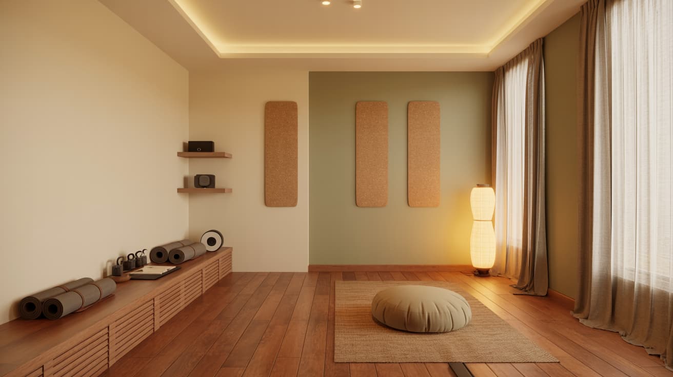 meditation room with open floor space soft lighting natural materials and calm minimal setup