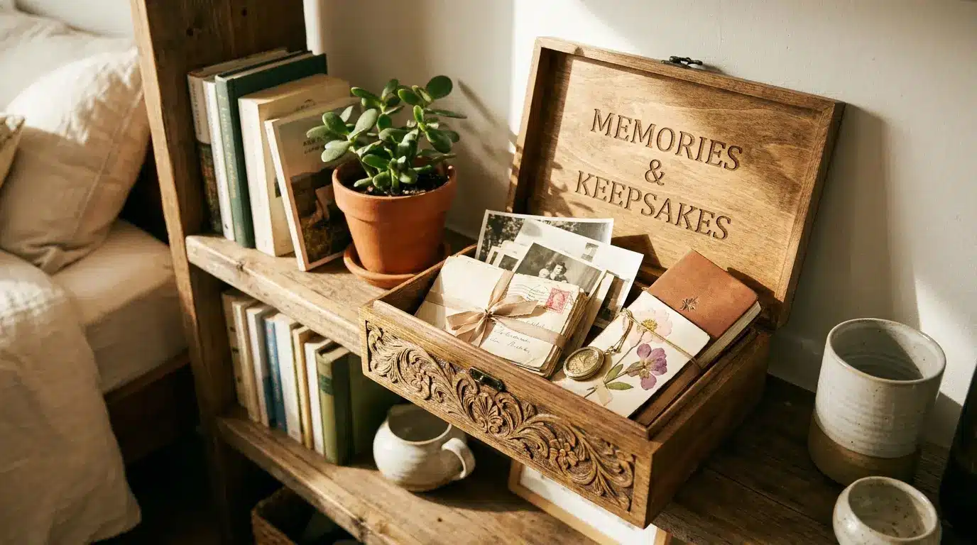 memory box holding keepsakes photos and letters in an organized storage space