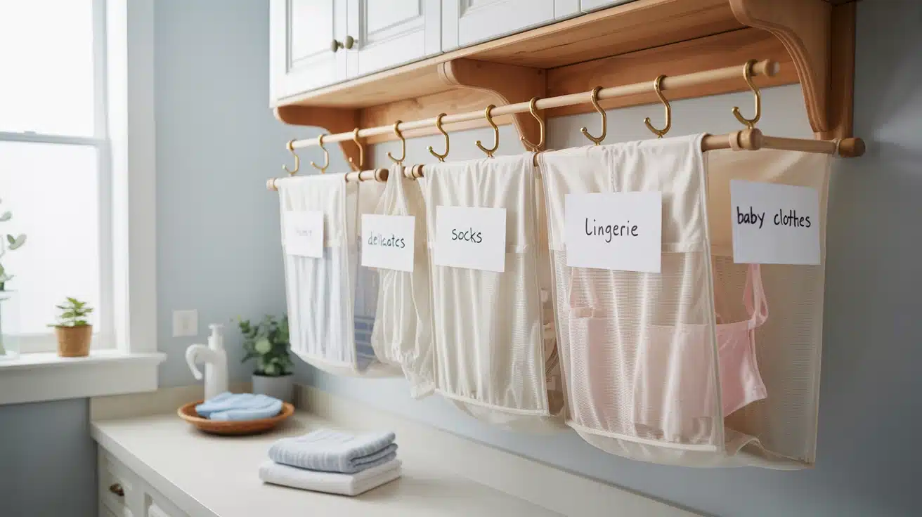 mesh bags hanging in a laundry room for organizing delicates like socks and lingerie during washing.