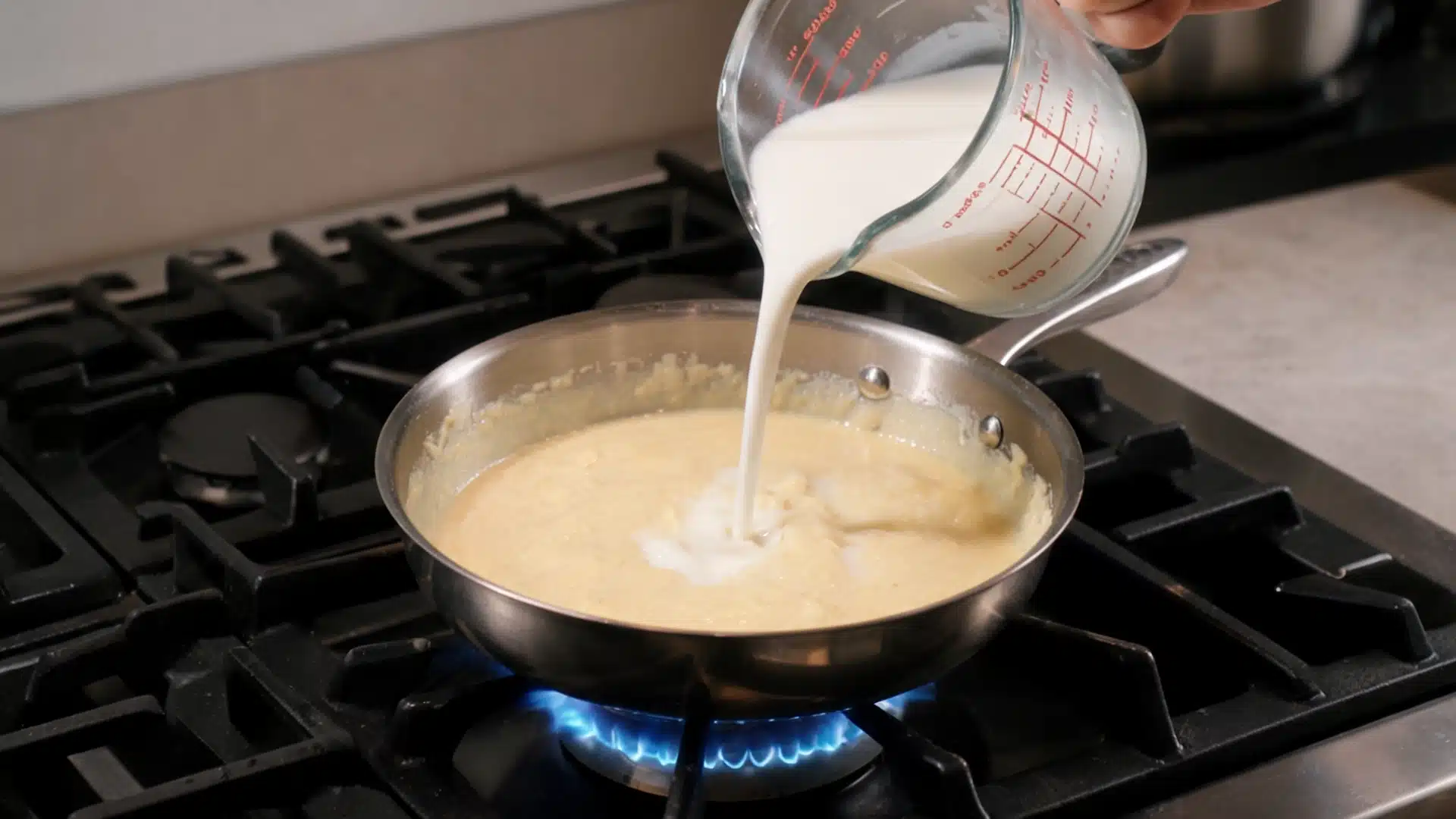milk being poured into a pan of roux on a gas stove while making creamy sauce base for mac and cheese
