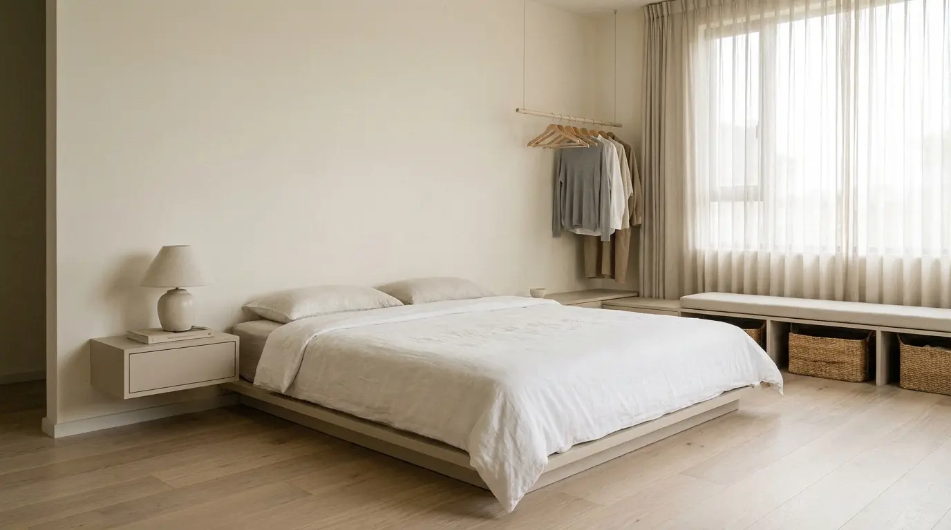 minimal bedroom with uncluttered surfaces simple storage and clean visual appeal