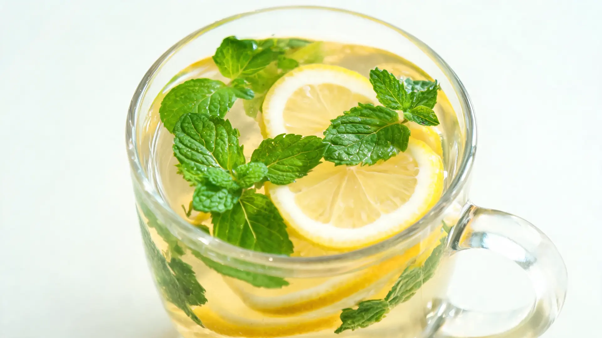 mint lemon tea in glass cup with lemon slices and fresh mint leaves in bright summer light