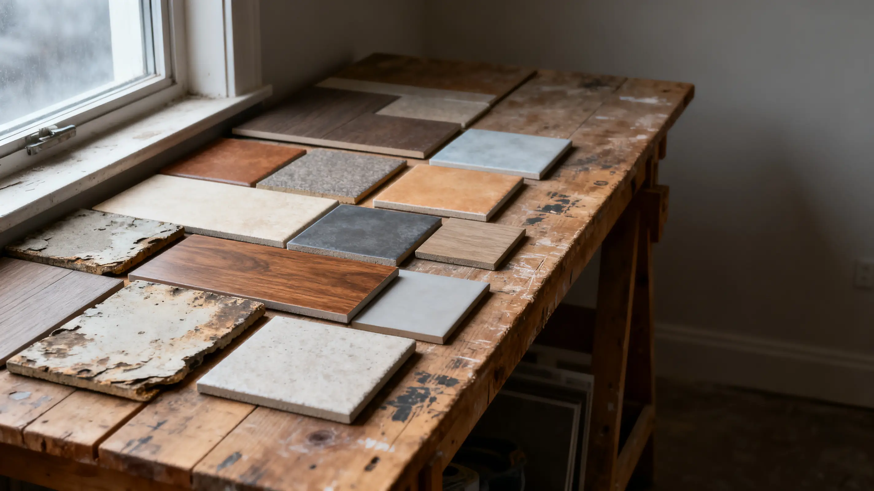 Assorted tile samples arranged on a wooden workbench near sunlit window