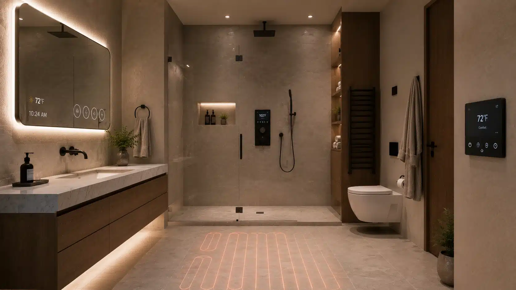 modern bathroom featuring digital controls, heated flooring, illuminated mirror, glass shower, and floating vanity