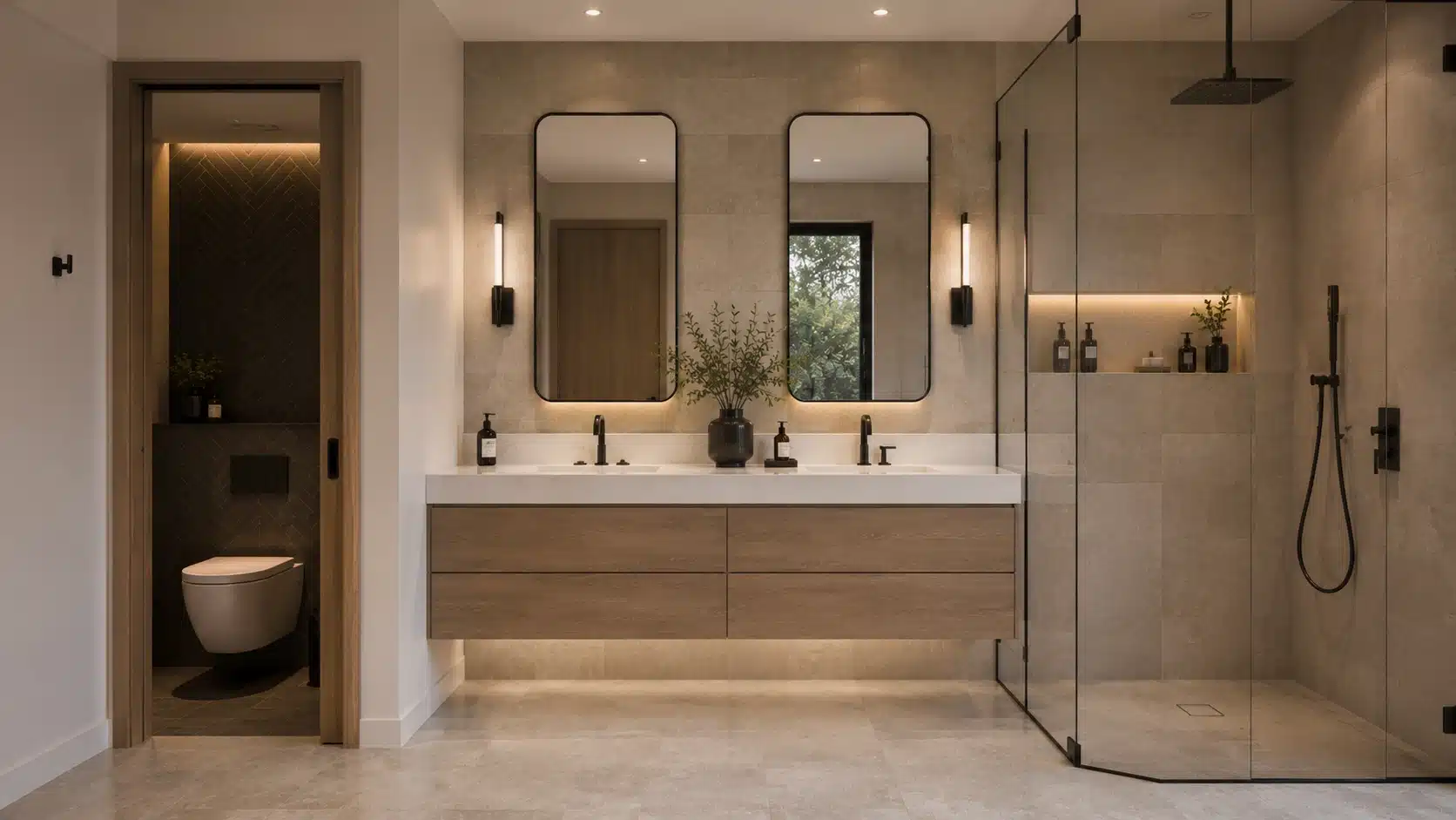 modern bathroom featuring floating wooden vanity, dual mirrors, walk-in glass shower, warm lighting, and stone tiles