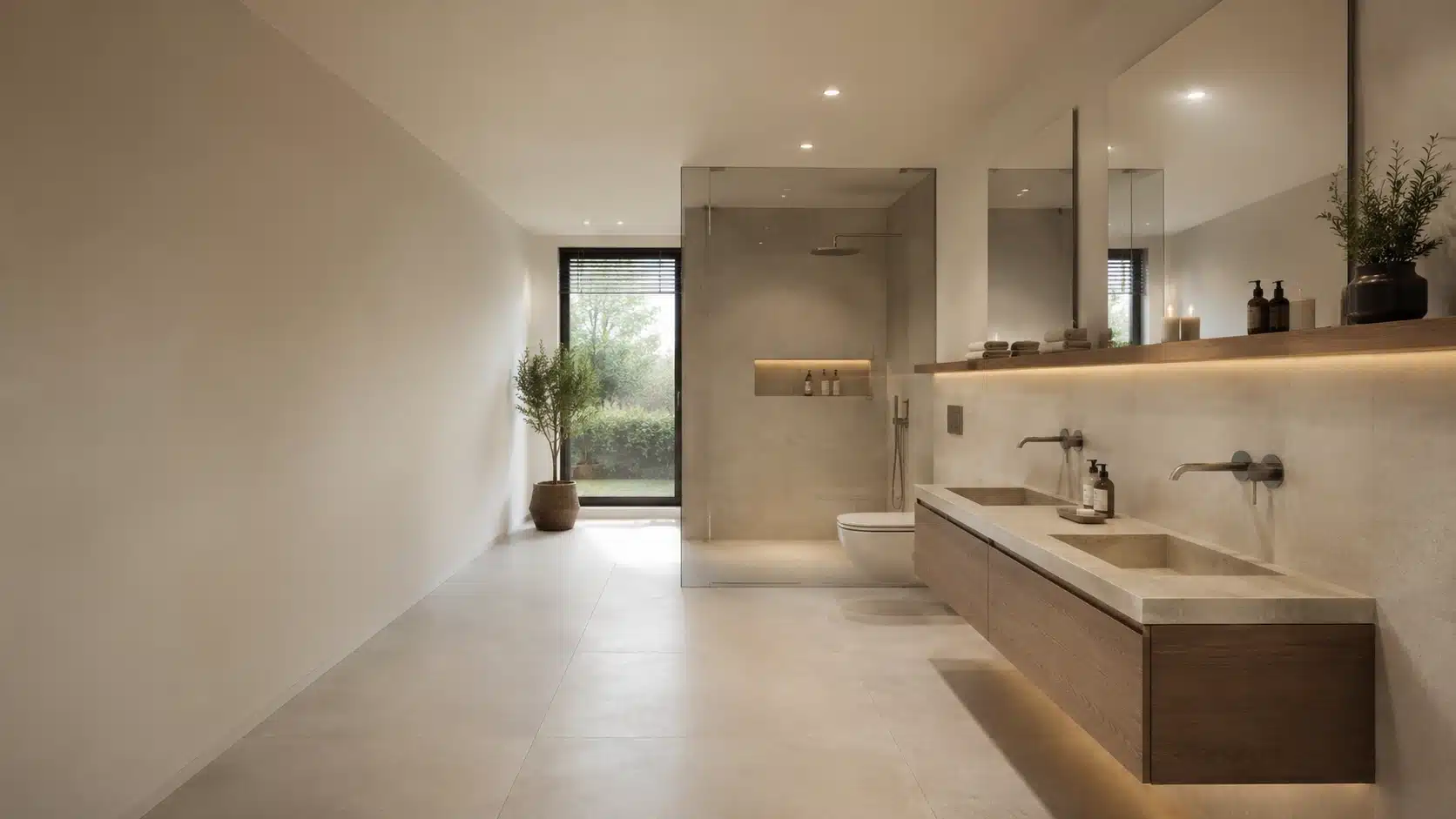 modern bathroom featuring floating wooden vanity, walk-in shower, large mirrors, soft lighting, and neutral tiles