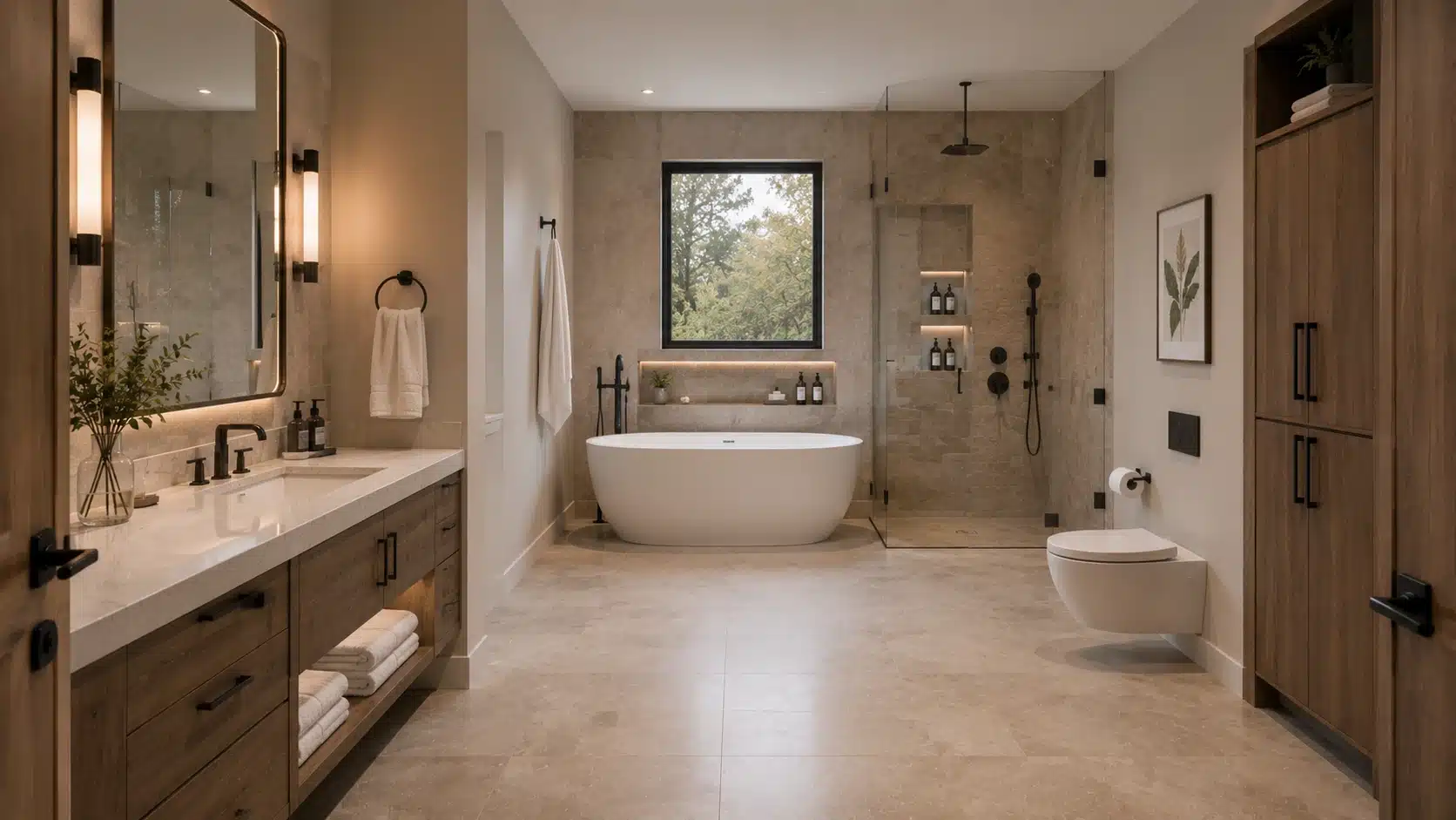 modern bathroom featuring freestanding bathtub, glass shower, wooden cabinetry, floating vanity, and warm lighting