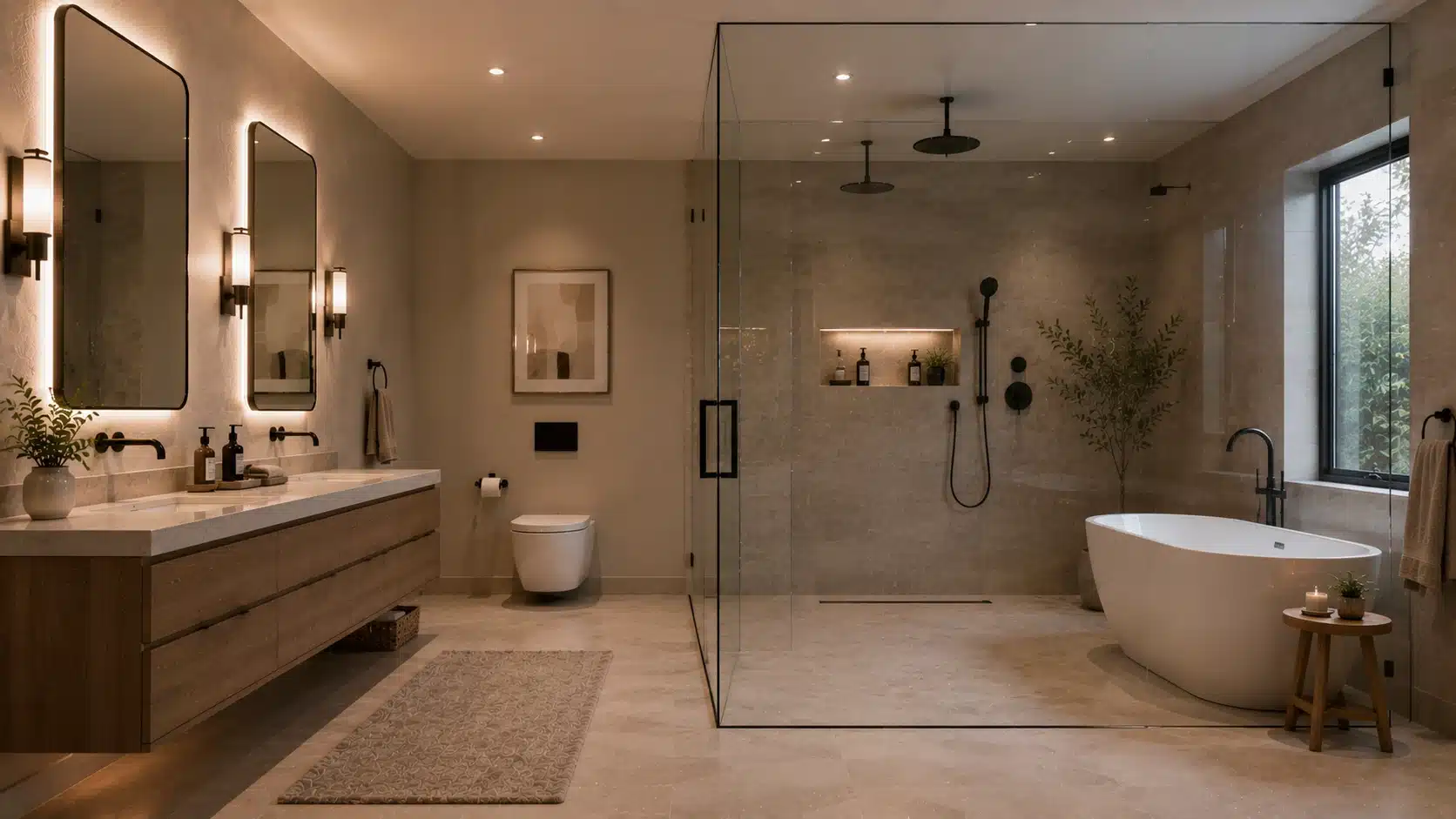 modern bathroom with freestanding bathtub, glass shower, floating wooden vanity, warm lighting, and stone finishes