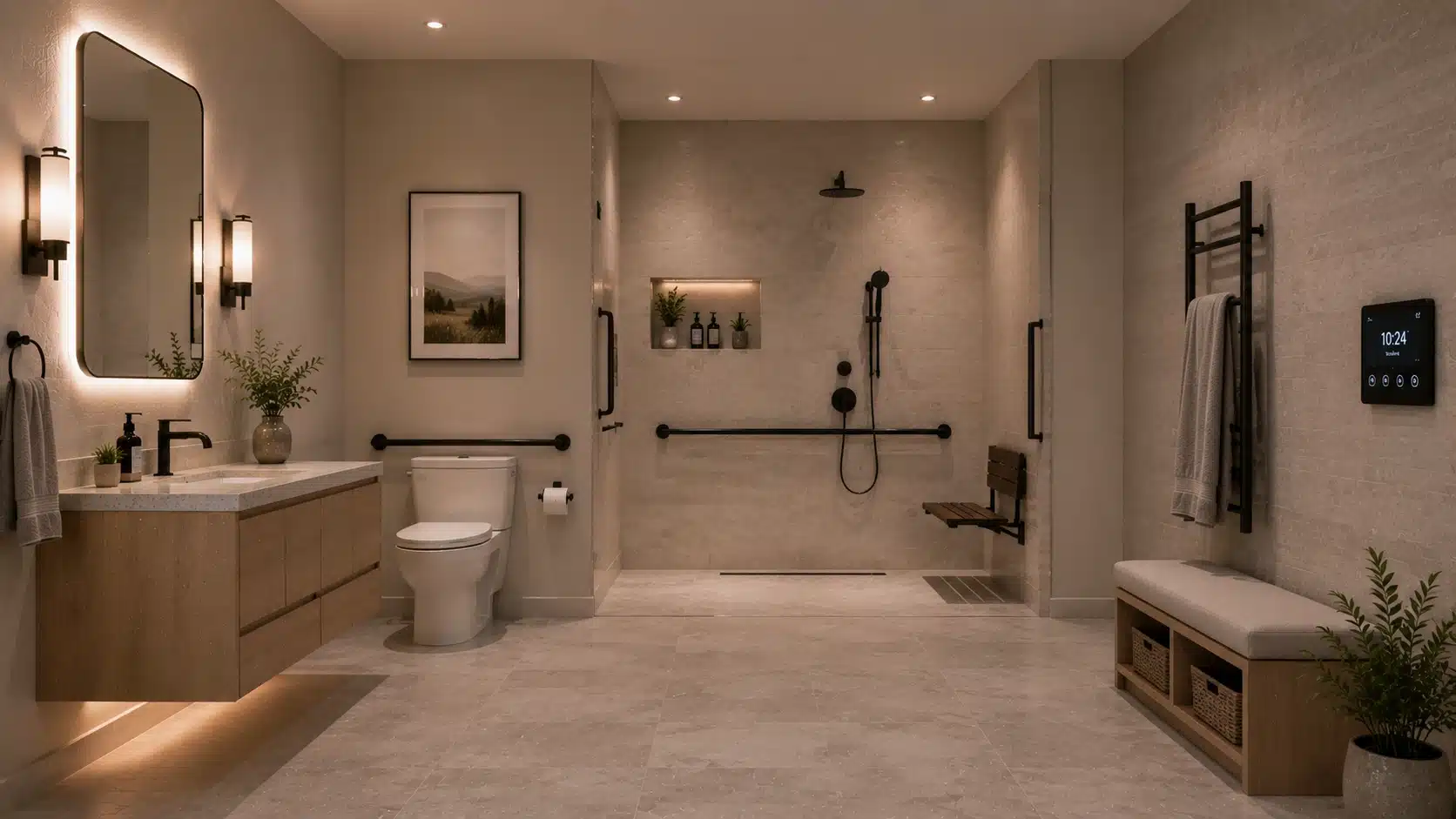 modern bathroom with walk-in shower, grab bars, wooden vanity, smart controls, bench seating, and soft lighting