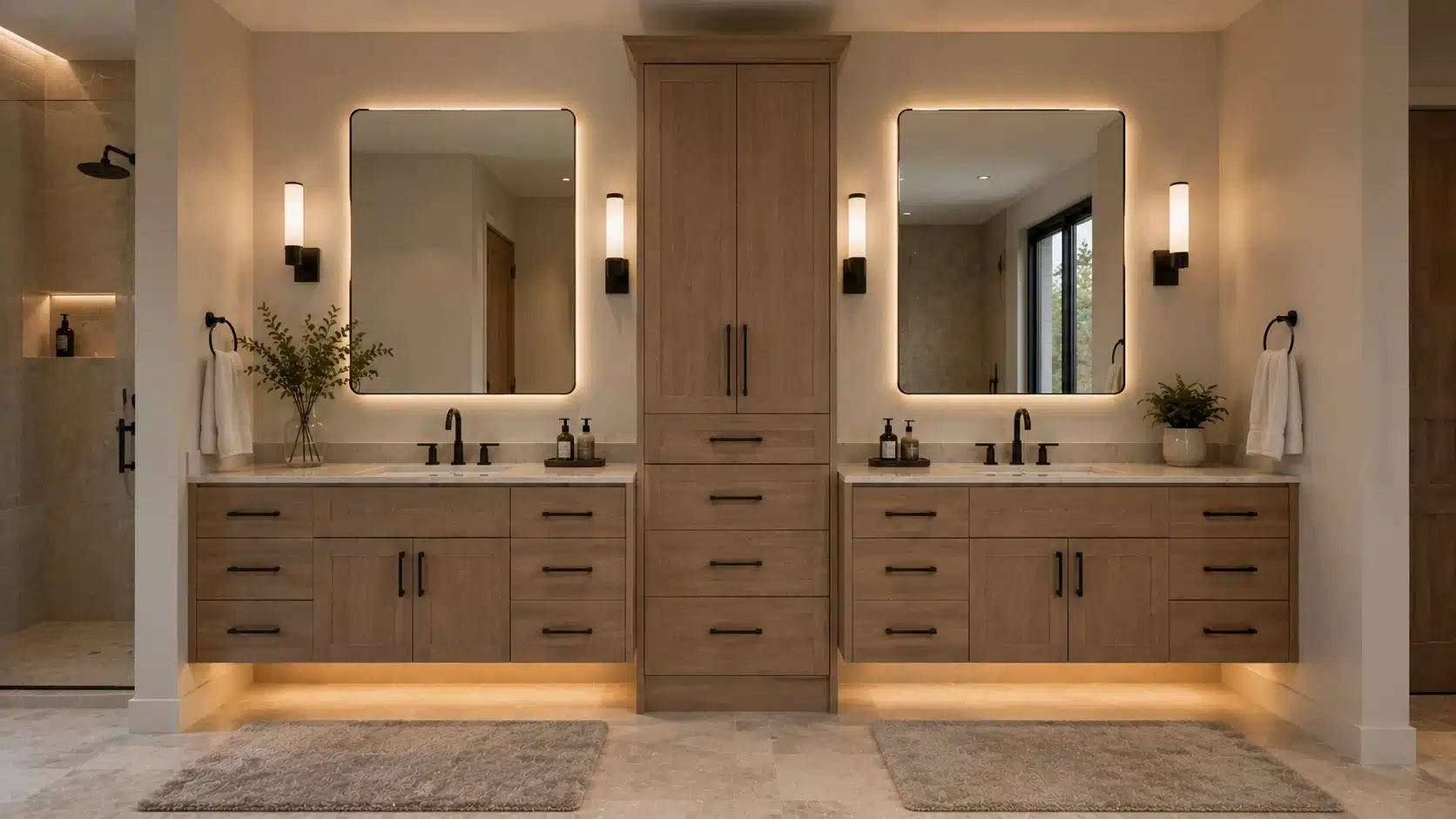 modern double vanity bathroom featuring wooden cabinetry, illuminated mirrors, black fixtures, and soft lighting