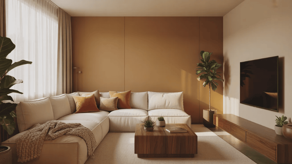 modern feng shui living room layout with l shaped seating open pathways natural light and balanced decor