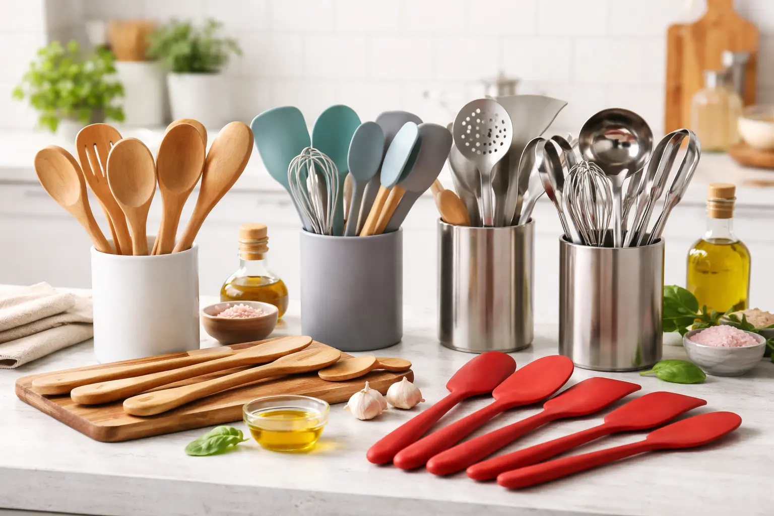 modern kitchen counter with stainless steel, silicone, and wooden utensils neatly arranged, clean and well-lit setup