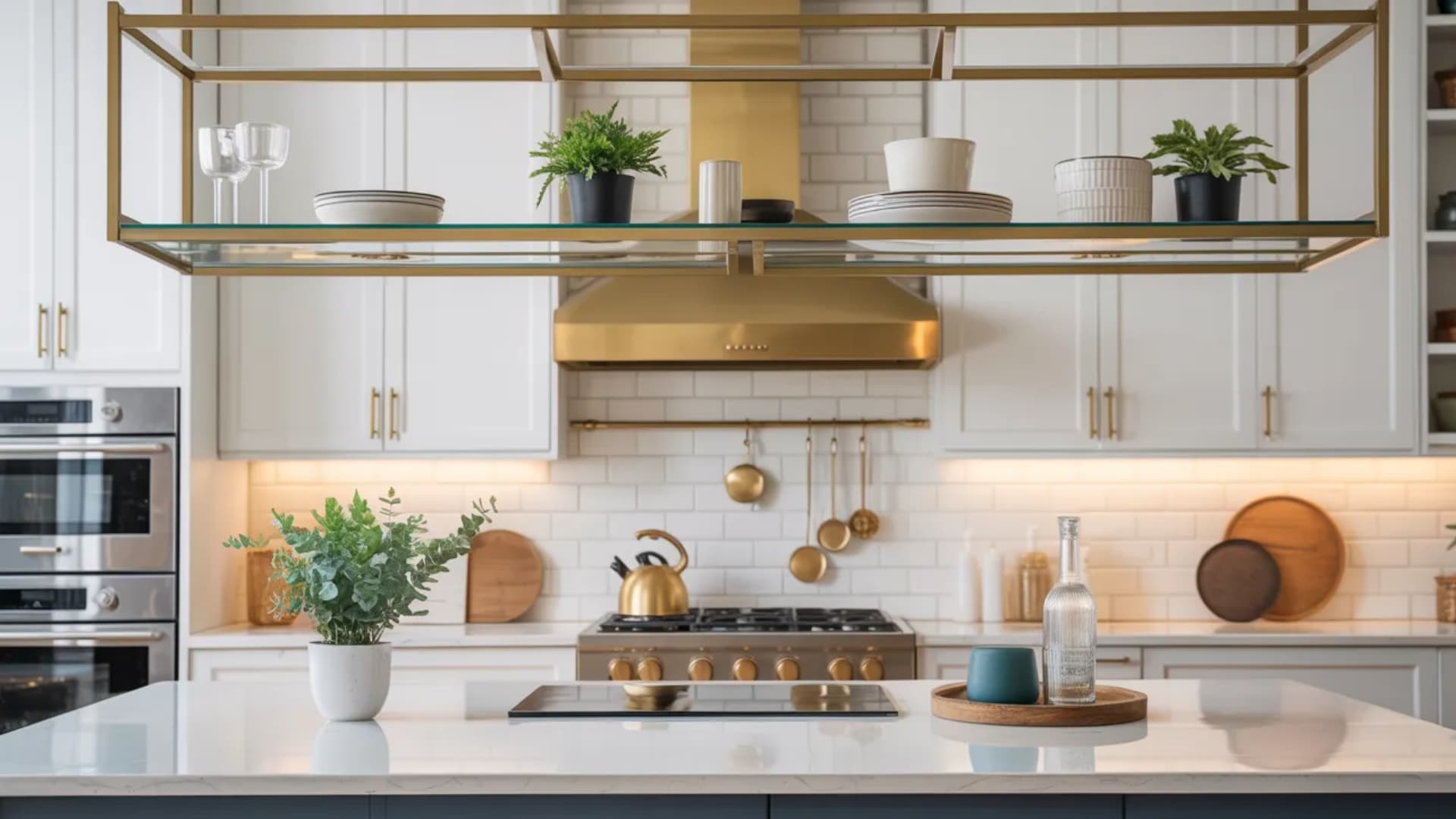 modern kitchen featuring a stylish gold-framed hanging shelf with plants, plates, and glasses above a sleek marble countertop