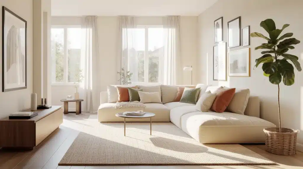 modern living room interior photographed in realistic style, showcasing a clean and minimalist decorating approach
