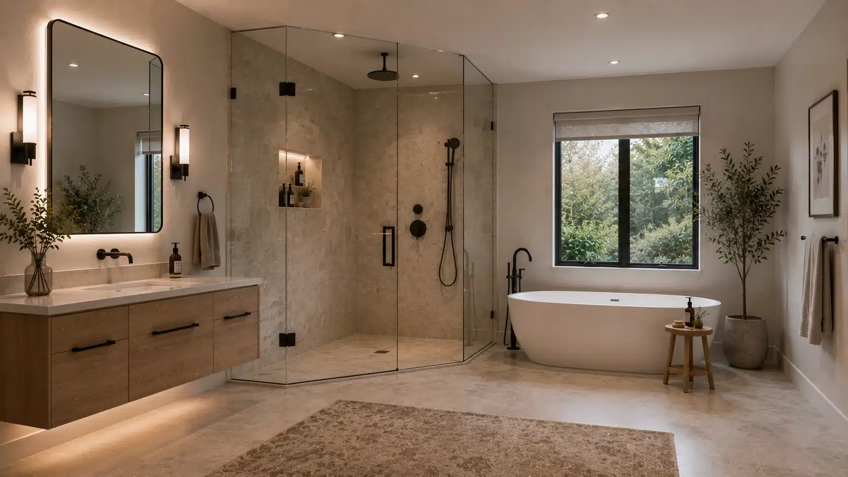 modern luxury bathroom featuring freestanding bathtub, glass shower enclosure, floating wooden vanity, and soft lighting