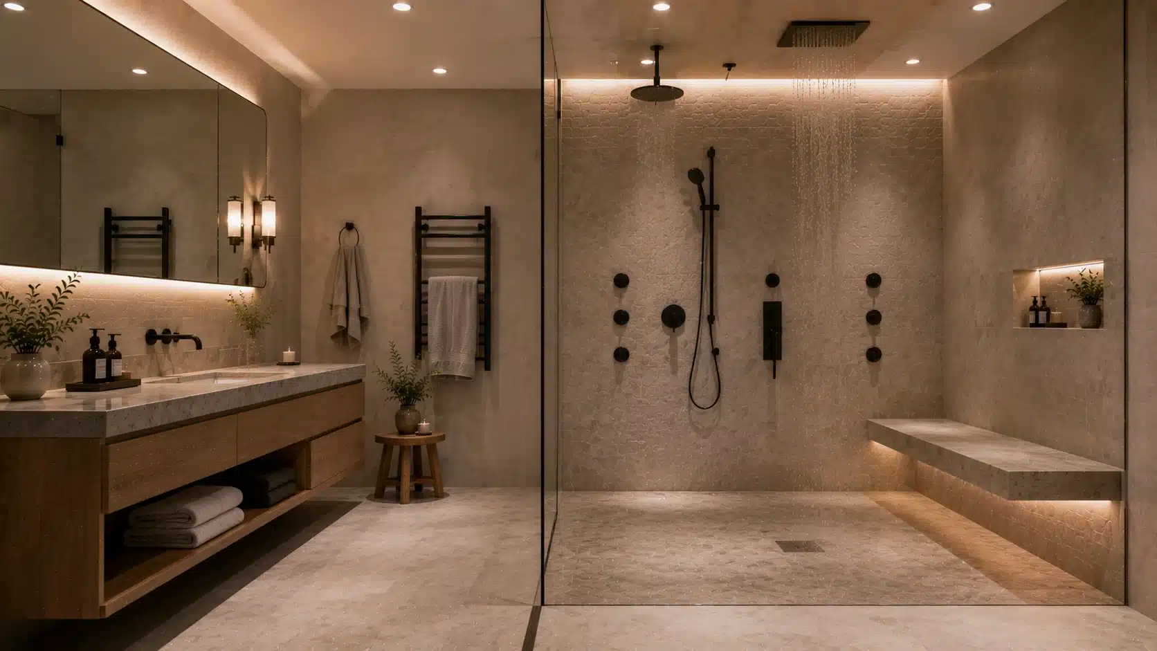 modern luxury bathroom with oversized rainfall shower, floating wooden vanity, heated towel rack, and built-in bench