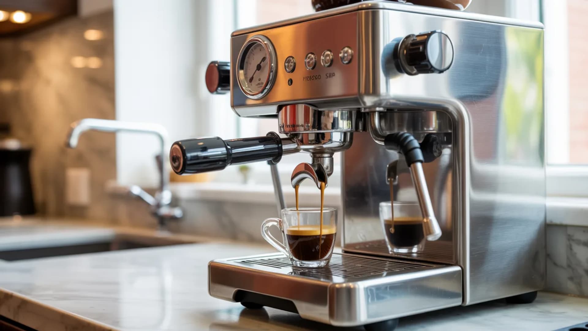modern manual espresso machine like the Gaggia Classic Pro or Rancilio Silvia on a kitchen countertop, showcasing a portafilter