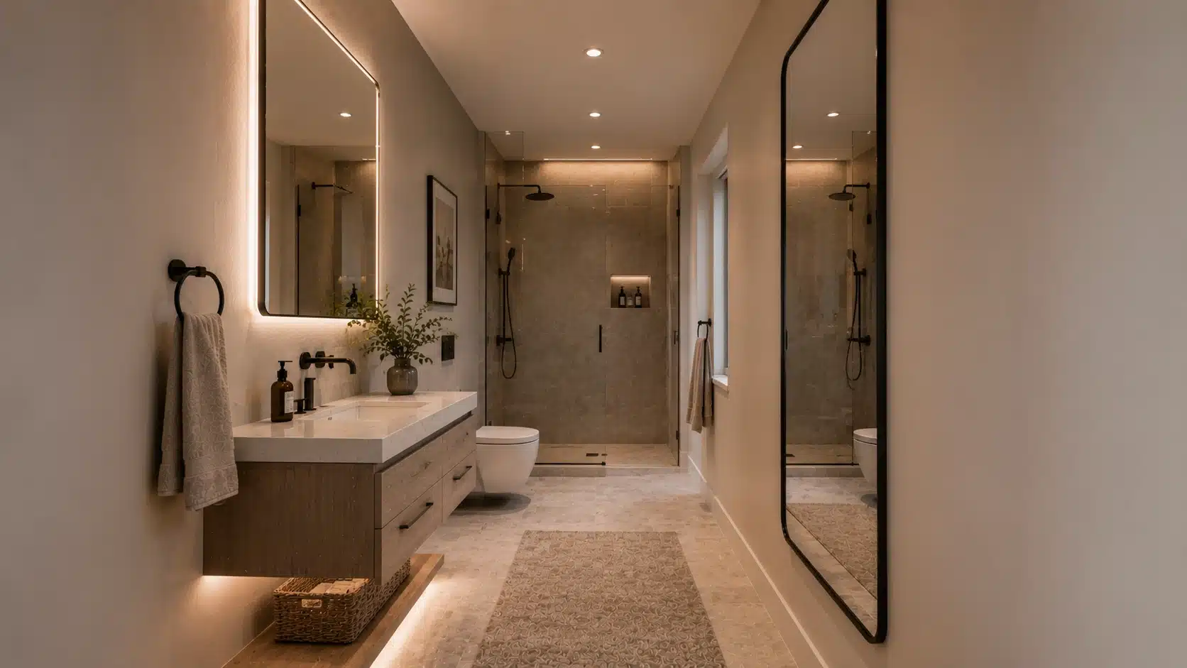 modern narrow bathroom featuring floating wooden vanity, illuminated mirrors, glass shower enclosure, and warm lighting