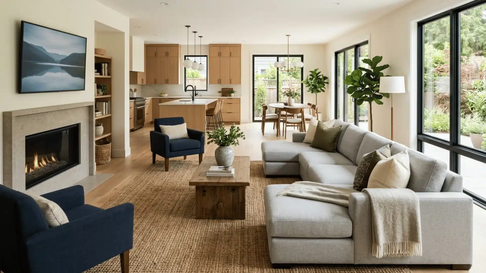 _modern open-concept living room and kitchen space with a gas fireplace on the left side