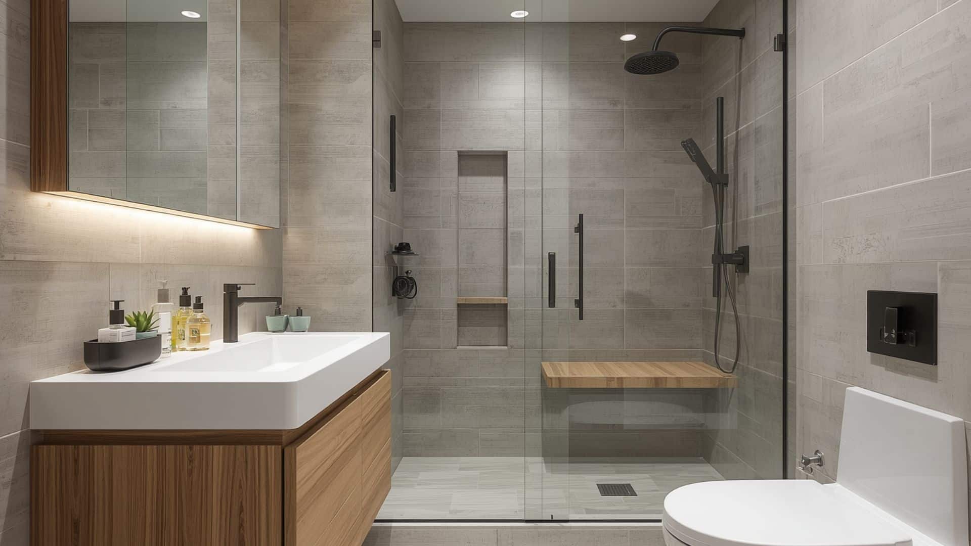 modern small bathroom remodel with clean lines, floating vanity, frameless glass shower, neutral tile, sleek black or chrome fixtures, clutter-free layout, bright lighting