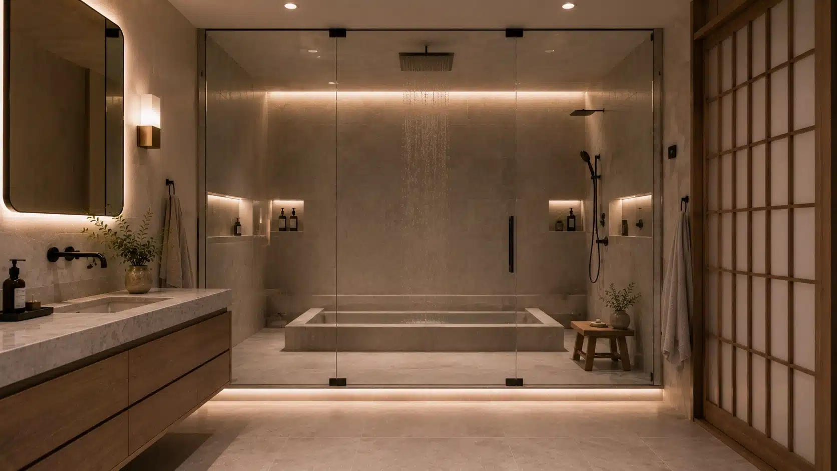 modern spa-inspired bathroom with glass enclosed soaking tub, rainfall shower, floating wooden vanity, and soft lighting