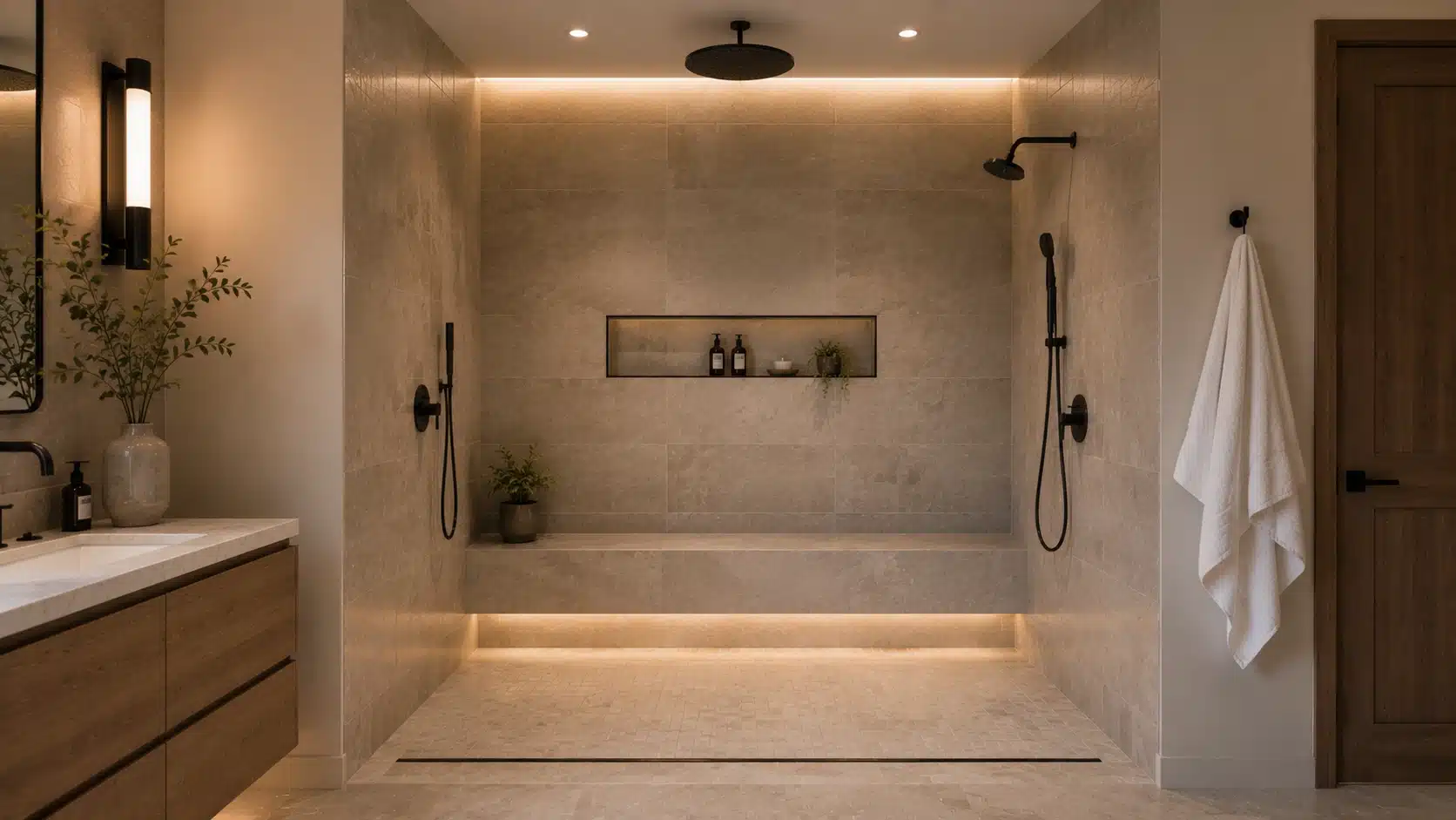 modern walk-in shower featuring dual showerheads, recessed shelving, warm lighting, textured tiles, and floating vanity
