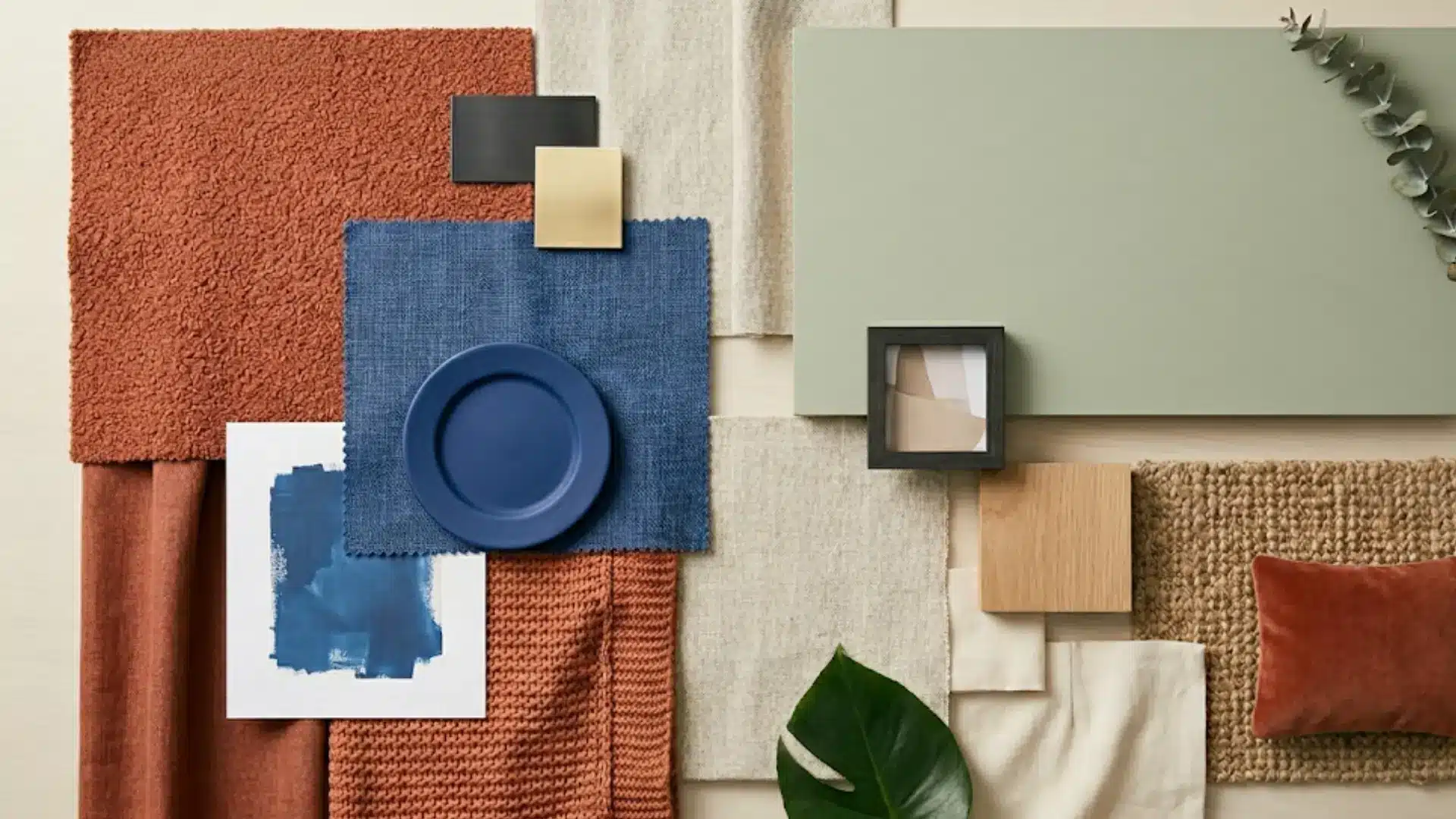 mood board featuring terracotta textiles, cobalt blue accents, sage green paint, and natural jute textures