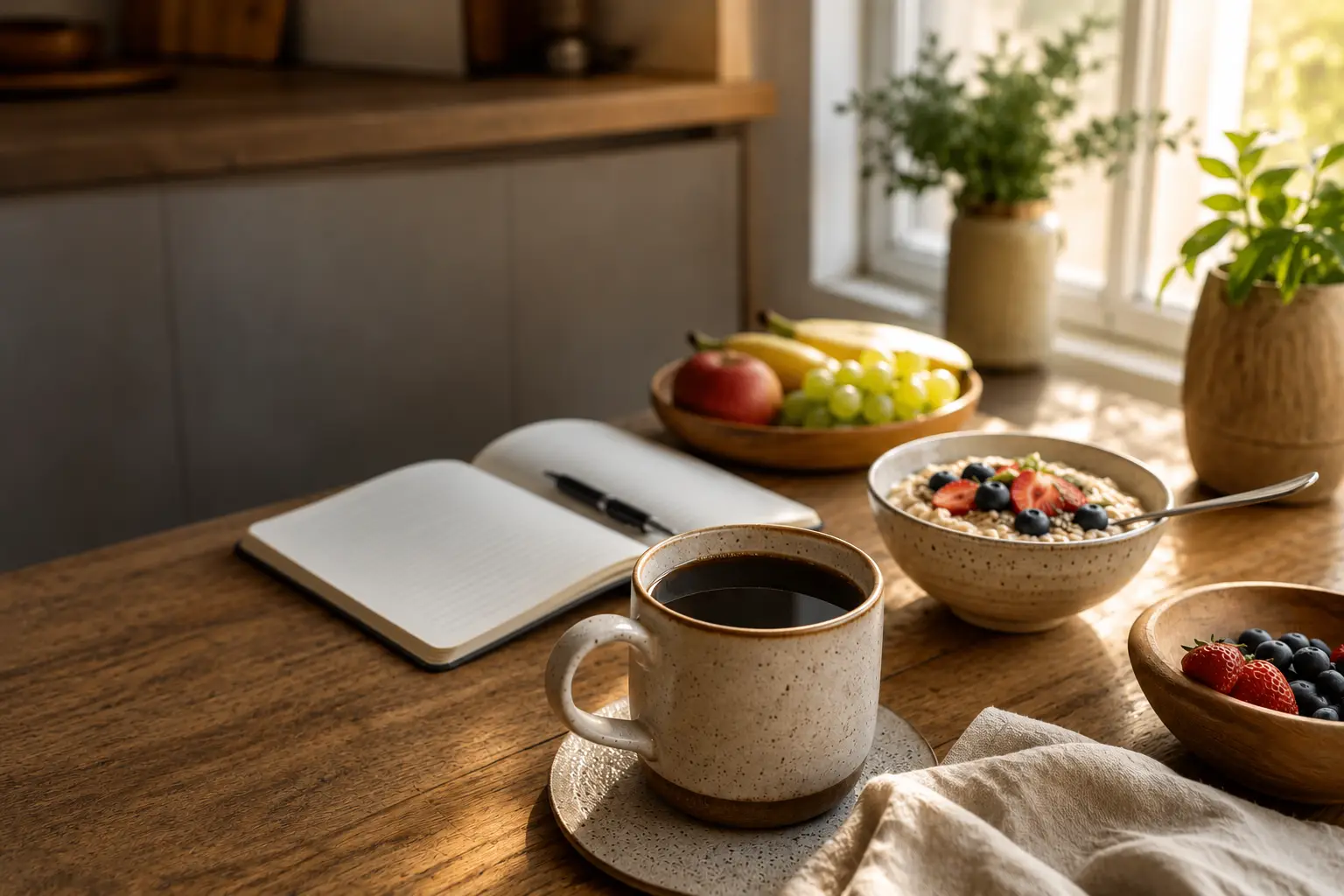 Cozy breakfast scene with coffee, open notebook, and fruit bowl on wooden table
