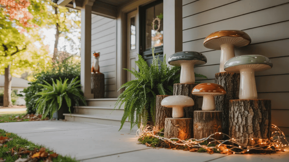 mossy logs ceramic mushrooms live ferns and warm fairy lights arranged as a forest floor scene on a fall front porch