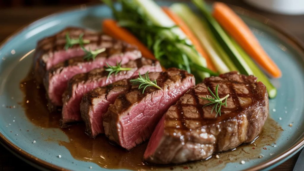 mouthwatering image of a perfectly cooked steak served on a plate should highlight different cuts, such as sirloin and ribeye, with a touch of garnish