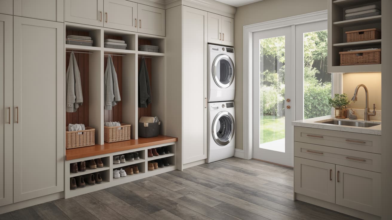 mudroom and laundry combo with built-in storage, utility sink, bench seating, and durable flooring