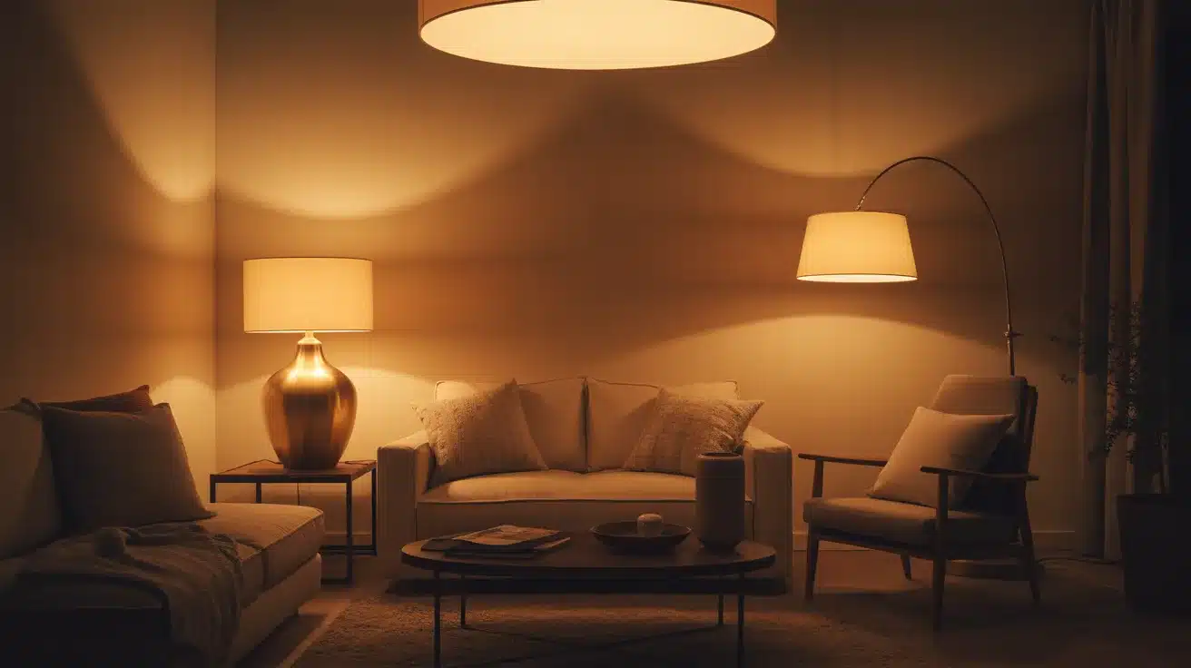 multiple light sources, ceiling light, table lamp, floor lamp, warm lighting in corners, cozy evening setting, soft shadows